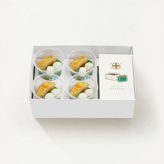 濃いめの抹茶ゼリイといよかん餡の『生茶ゼリイ［夏の果］』と、しっとり滑らかな食感と抹茶の深い味わいのかすていら『うじていら（1箱）』の詰合せ