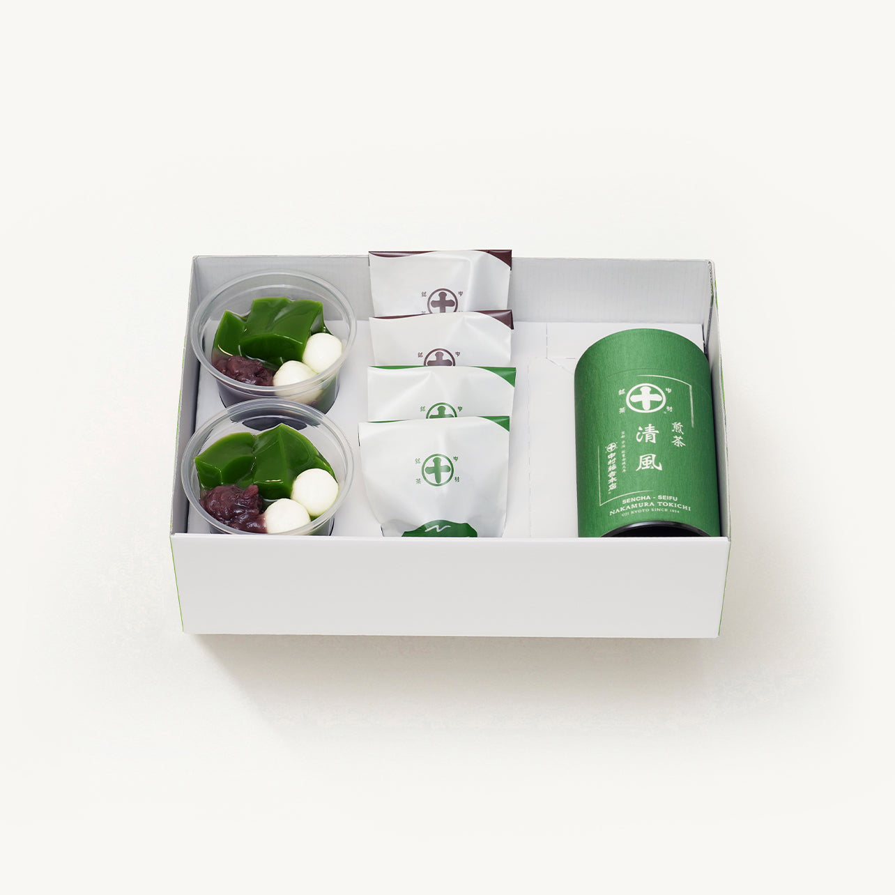 京都 宇治 中村藤吉本店のギフトセット。煎茶『清風』缶80g、抹茶、ほうじ茶のマルトベイク（フィナンシェ）各2個、生茶ゼリー抹茶2個の詰め合わせ。