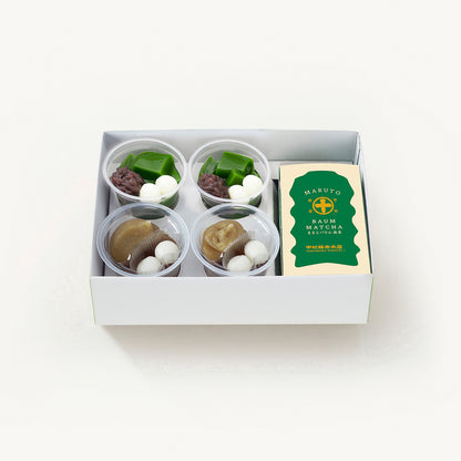 ほうじ茶ゼリーに栗きんとん餡を添えた、期間限定の生茶ゼリイ［栗きんとん］,生茶ゼリイ［抹茶］,まるとバウム［抹茶］との詰合せ