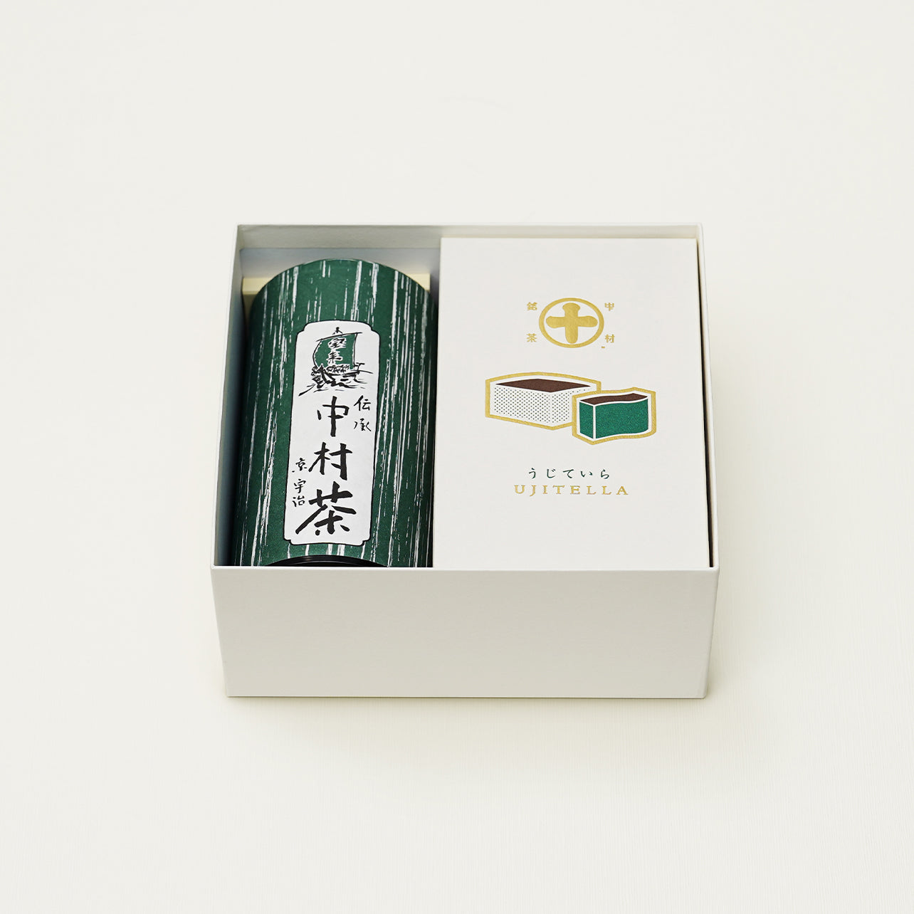 煎茶や玉露など7種の茶葉をブレンドした当店オリジナルの『中村茶（80g×1缶）』と、しっとり滑らかな食感と抹茶の深い味わい『うじていら（1箱）』の詰合せ