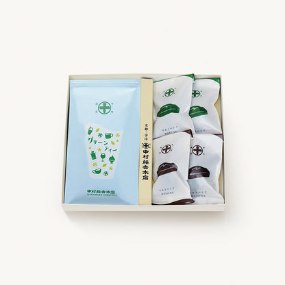 Assortment of 2 types of green tea bags and malt bakes