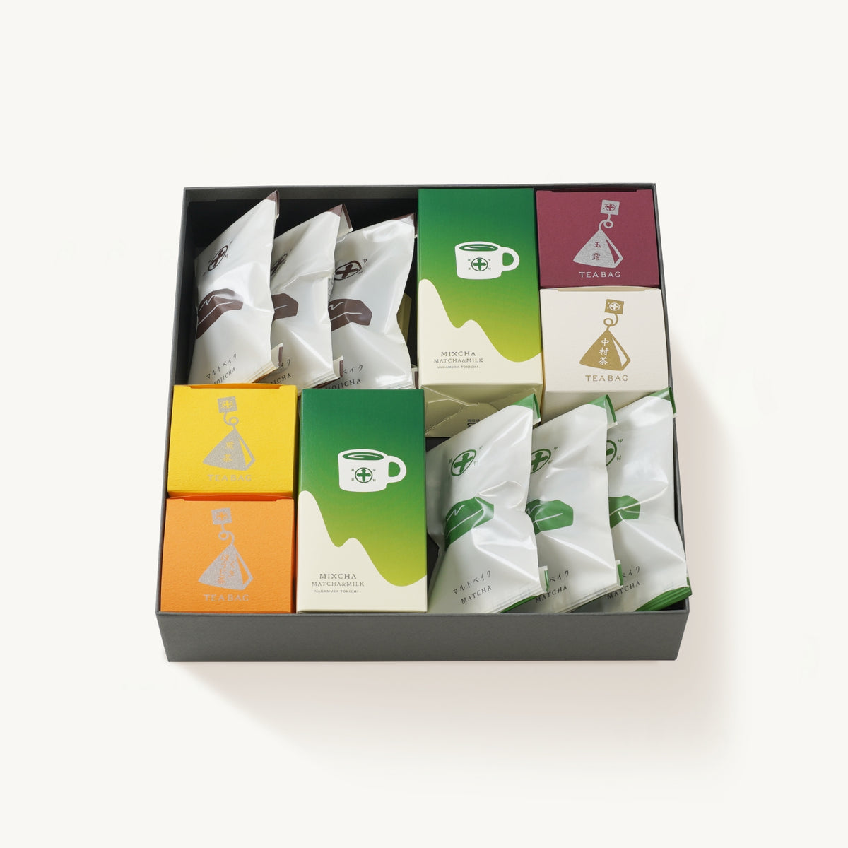 京都 宇治 中村藤吉本店のマルトベイク（フィナンシェ）、『抹茶』と『ほうじ茶』、ミクスチャ、ティーバックのプチボックス［Cube］4種類を詰め合わせ。